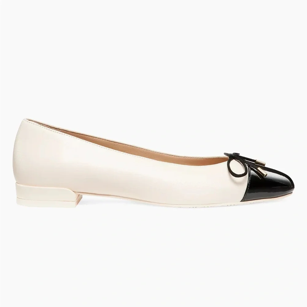 Stuart Weitzman Sleek Bow Leather Ballerina Flats Sz 8 in Seashell Black - Picture 3 of 8